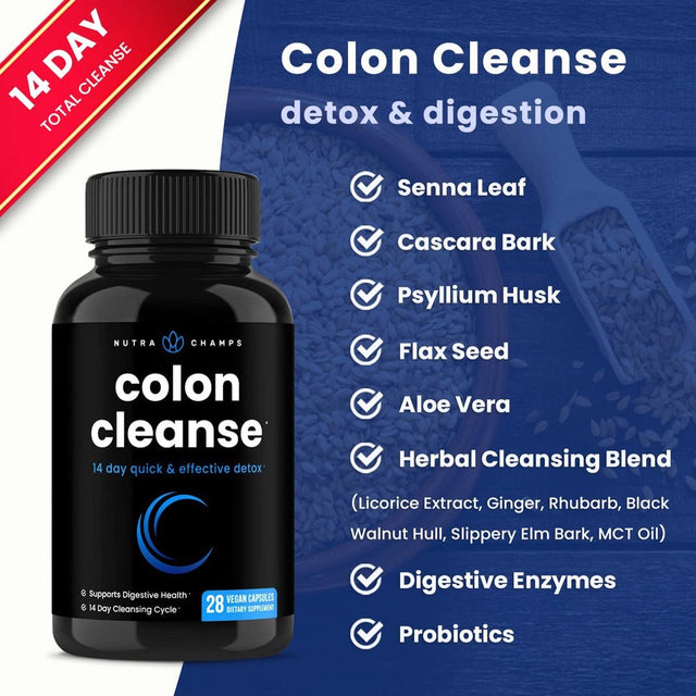 Nutrachamps Colon Cleanse & Detox for Weight Loss [14 Day Quick Cleanser] Safe & Effective Formula with Probiotic & Digestive Enzymes for Constipation Relief - Capsules Supplement to Flush Toxins