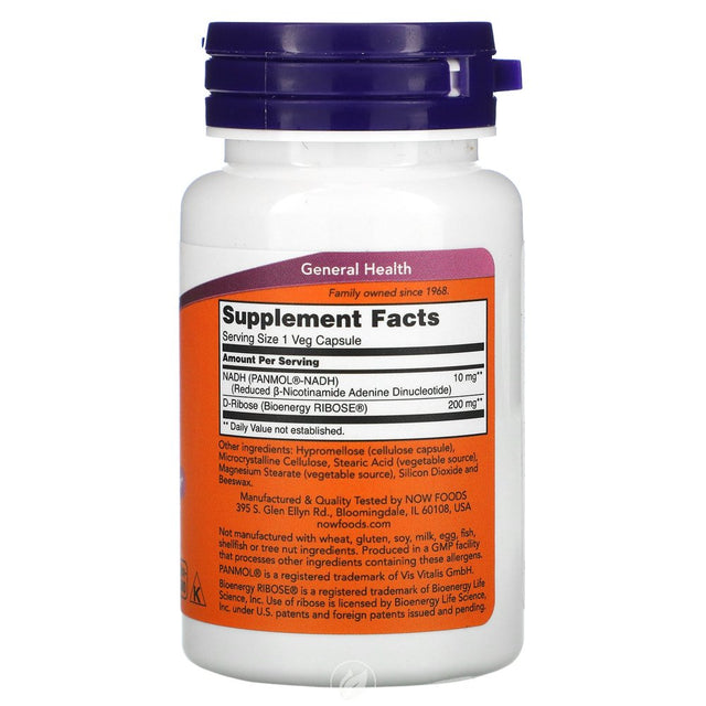 NOW Supplements Nadh 10Mg with 200Mg Ribose 60 Vcaps