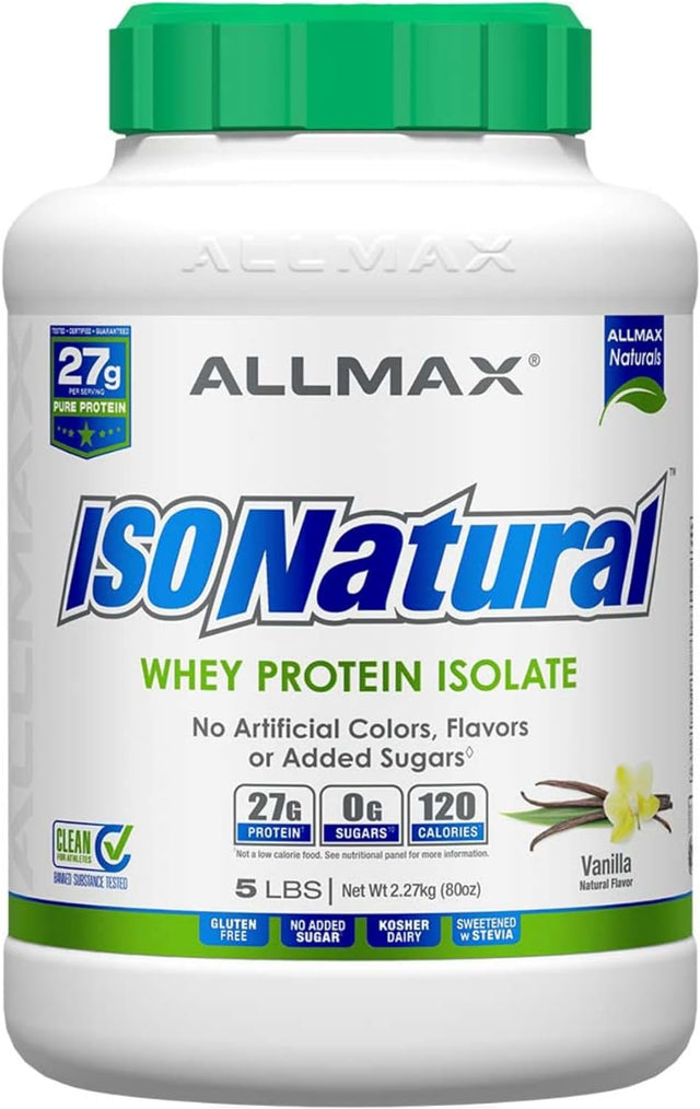 ALLMAX ISONATURAL Whey Protein Isolate, Vanilla - 5 Lb - 27 Grams of Protein per Scoop - Zero Fat & Sugar - 99% Lactose Free - with Prebiotics - No Artificial Flavors - Approx. 73 Servings