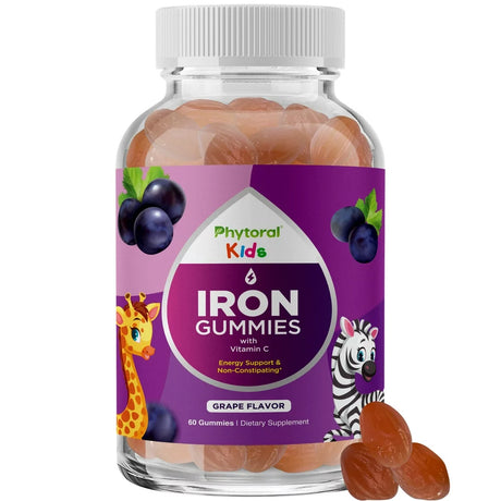 Iron Gummy Multivitamin for Kids - Phytoral Natural Immune Boost and Focus Supplement - Delicious Kids Iron Gummies with Vitamin a Vitamin B Vitamin C Calcium Zinc - Kids Iron Gummies - 60 Gummies