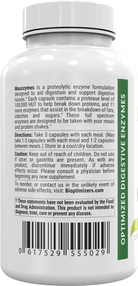 Bioptimizers - Masszymes 3.0 with Astrazyme - Digestive Enzyme Supplement for Better Absorption - Relief from Bloating, Constipation, and Gas - Contains Lipase, Amylase, and Bromelain, 250 Capsules