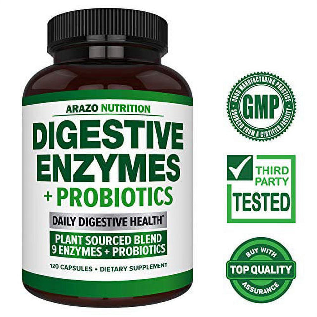 Digestive Enzymes with Probiotics - Multi Enzyme Nutritional Supplement - Acidophilus Bromelain Papaya Papain Lipase & Lactase - Improve Digestion - 120 Pills - Arazo Nutrition