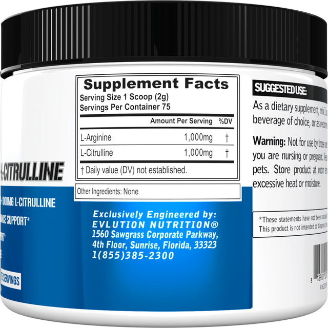 Evlution Nutrition L-Arginine + L-Citrulline - Endurance + Workout Performance Supplement - 500Mg Complex - Vasodilation + Nitric Oxide Support - Vegan + Gluten Free Capsules - 60 Servings