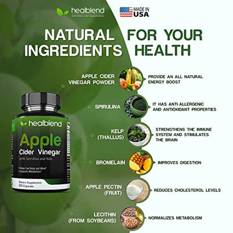 Healblend Apple Cider Vinegar with Spirulina and Kelp – Metabolism, Detox and Immune Support Formula - 120 Capsules 2-Pack