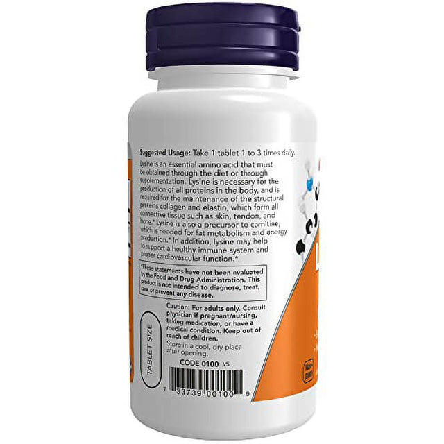 NOW Supplements, L-Lysine (L-Lysine Hydrochloride) 500 Mg, Amino Acid, 100 Tablets