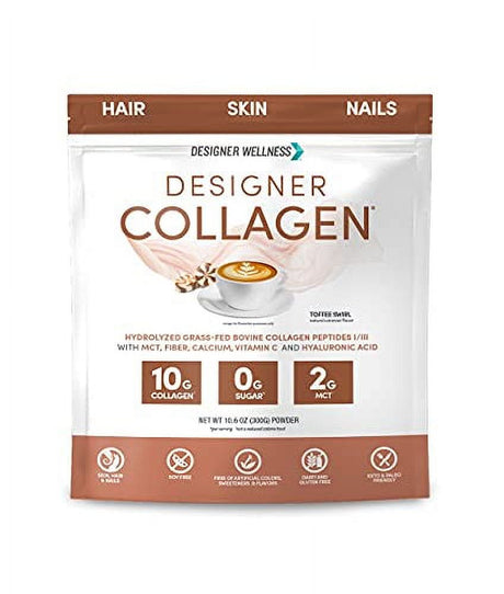 Designer Wellness, Designer Collagen Protein, Keto Hydrolyzed Grass-Fed Bovine Collagen Peptides I/III with MCT, Fiber, Calcium, Vitamin C and Hyaluronic Acid (Toffee Swirl)