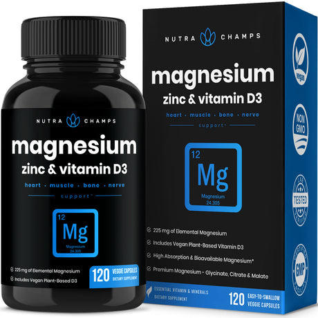 Nutrachamps Magnesium Zinc & Vitamin D3 Supplement - Most Bioavailable Forms; Magnesium Glycinate, Malate, Citrate - Bone, Muscle & Heart Health, Immune Support - 120 Vegan Capsules