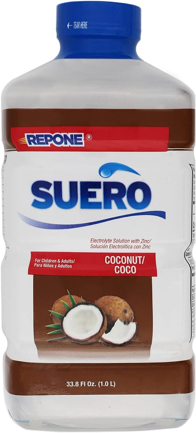 REPONE SUERO Electrolyte Solution with Zinc, Rehydrates, Restores Minerals and Nutrients, Coconut Flavor, 2-Pack of 33.8 Fl Oz 2 Bottles