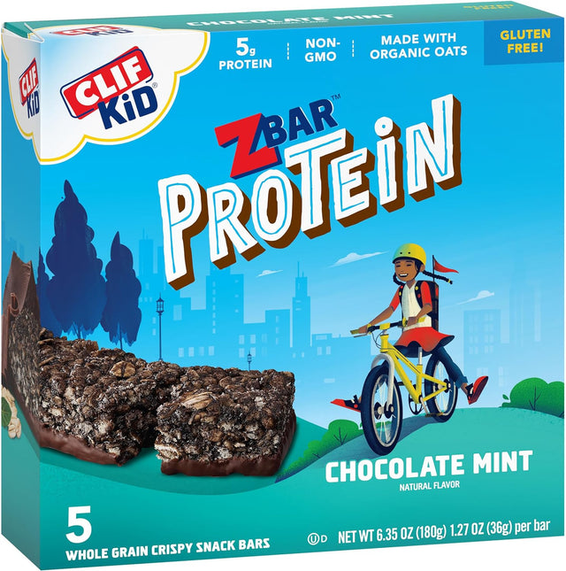 CLIF Kid Zbar Protein - Chocolate Mint - Crispy Whole Grain Snack Bars - Made with Organic Oats - Non-Gmo - 5G Protein - 1.27 Oz. (5 Pack)