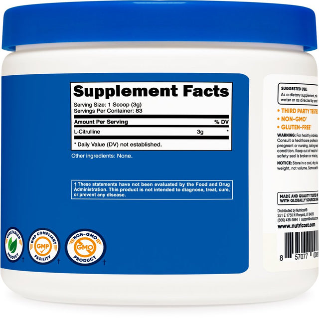 Nutricost Pure L-Citrulline (Base) Powder 250 Grams - Vegetarian Health Supplement