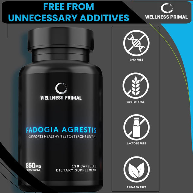 Fadogia Agrestis 850Mg per Serving (120 Capsules) Maximum Strength Extract Supports Healthy Testosterone Levels and Athletic Performance Made in the USA by Wellness Primal