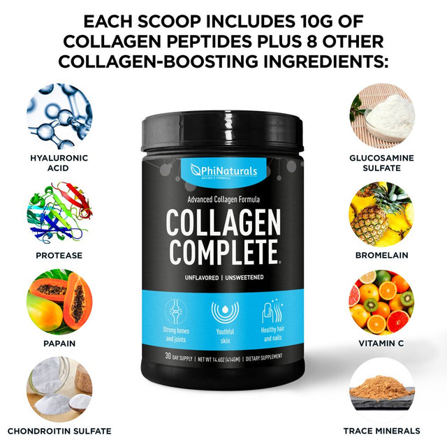 Phi Naturals Collagen Complete Powder Supplement Advanced Collagen Formula with Hydrolyzed Collagen Types 1, 2, 3 Unflavored 14.6 Oz