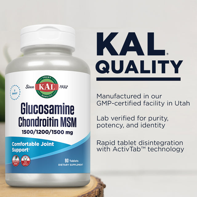 KAL Glucosamine Chondroitin MSM | Healthy Joint & Connective Tissue Support | Includes Antioxidant Vitamin C | Rapid Disintegration | 90 Tablets