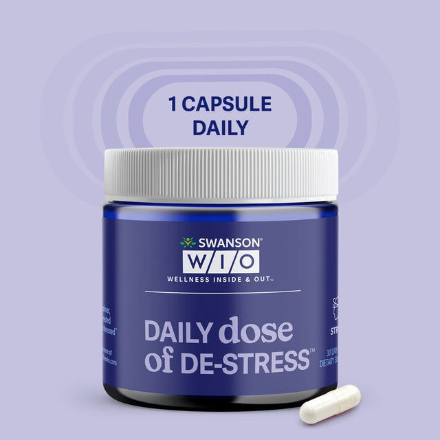 Swanson WIO™ DAILY Dose of DE-STRESS™ Stress Support, Relaxation, Feel Calmer, Rest Better, Less Stress, Lactium® Milk Protein Peptide, Adaptogen, Mental Wellness, 30 Capsules (30-Day Supply)