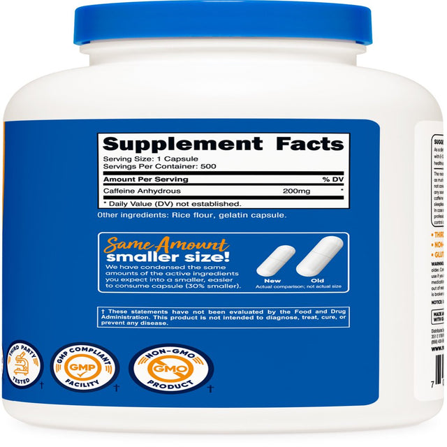 Nutricost Caffeine 500 Capsules, 200Mg per Capsule - Gluten Free & Non-Gmo Supplement
