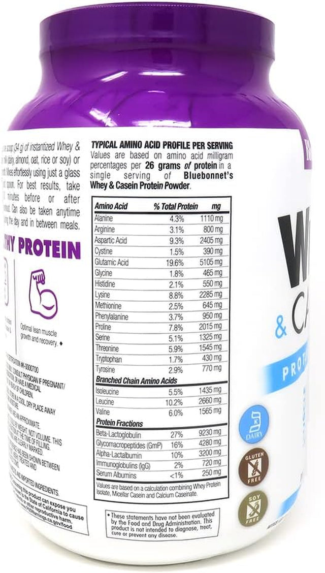 Bluebonnet Nutrition Whey & Casein Protein Powder, Whey from Grass Fed Cows, 26 Grams of Protein, No Sugar Added, Non GMO, Gluten Free, Soy Free, Kosher, 2.1 Lbs, 28 Serving, French Vanilla Flavor