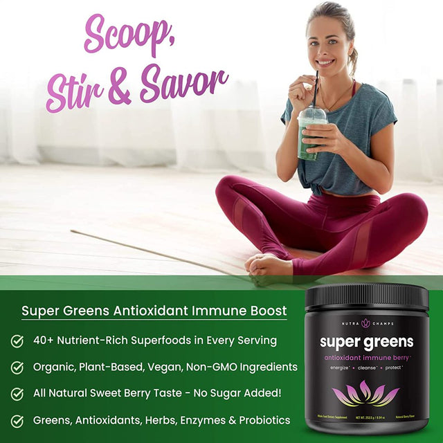 Nutrachamps Super Greens Powder Premium Antioxidant Superfood | Organic Greens Fruit and Veggie Vegan Supplement | 40+ Greens and Superfoods Including Wheatgrass & Spirulina | Probiotic Powder Greens