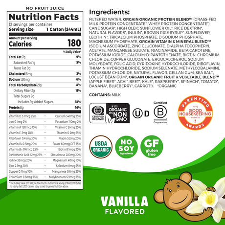 Orgain Organic Kids Nutritional Protein Shake, Vanilla - Kids Snacks with 8G Dairy Protein, 22 Vitamins & Minerals, Fruits & Vegetables, Gluten Free, Soy Free, Non GMO, 8.25 Fl Oz (Pack of 12)