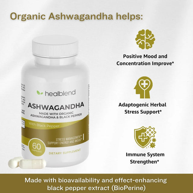 Healblend Organic Ashwagandha Supplement 1300Mg with Black Pepper Extract - Supports Stress Relief, Immune, Energy, Stamina & Mood, 100% Pure - 60 Capsules 2-Pack