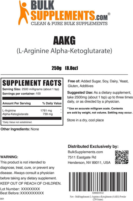 BULKSUPPLEMENTS.COM AAKG Powder - Arginine Alpha-Ketoglutarate, AKG Supplement - Nitric Oxide Supplement, Arginine Supplement - Unflavored & Gluten Free, 2500Mg per Serving, 250G (8.8 Oz)