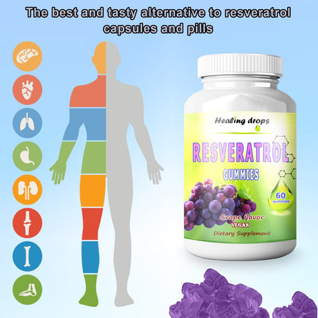 Resveratrol Gummies - Potent Resveratrol Supplement for Immune & Digestive Support Antioxidant Heart & Brain Wellness Resveratrol 1200Mg Healing Drops