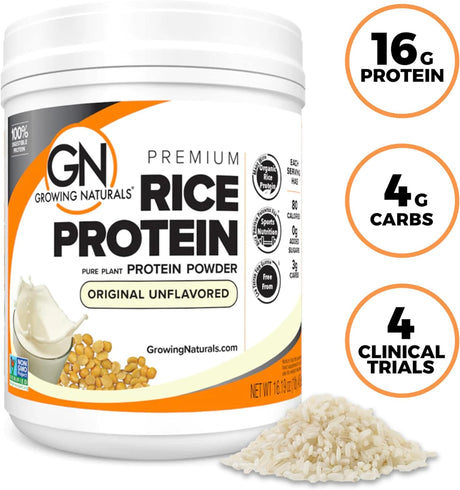 Growing Naturals | Original Rice Powder 15G Plant Protein | 2.8G BCAA, Low-Carb, Low-Sugar, Non-Gmo, Vegan, Gluten-Free, Keto & Food Allergy Friendly | Original (1 Pound (Pack of 1))