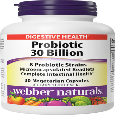 Webber Naturals High Potency 30 Billion CFU Probiotics, for Men, Women, and Adults, Shelf Stable (No Refrigeration Required), 8 Probiotic Strains, 30 Vegetarian Capsules, for Digestive Health