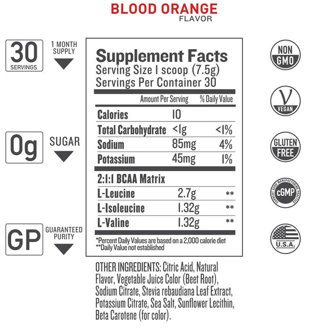 Vegan BCAA Powder - Blood Orange | Branched Chain Amino Acids | Pre/Post Workout Supplement