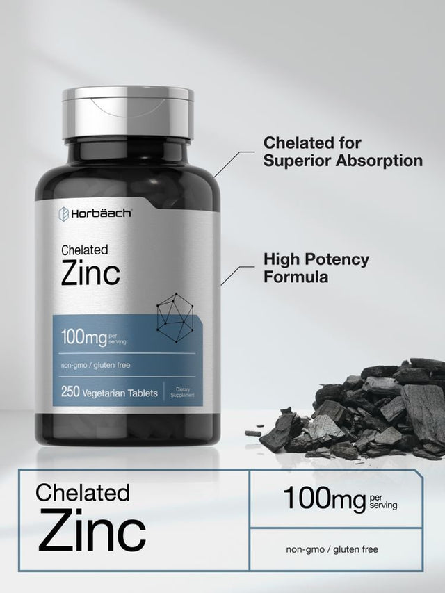 Chelated Zinc Supplement 100Mg | 250 Tablets | Vegetarian Formula | by Horbaach