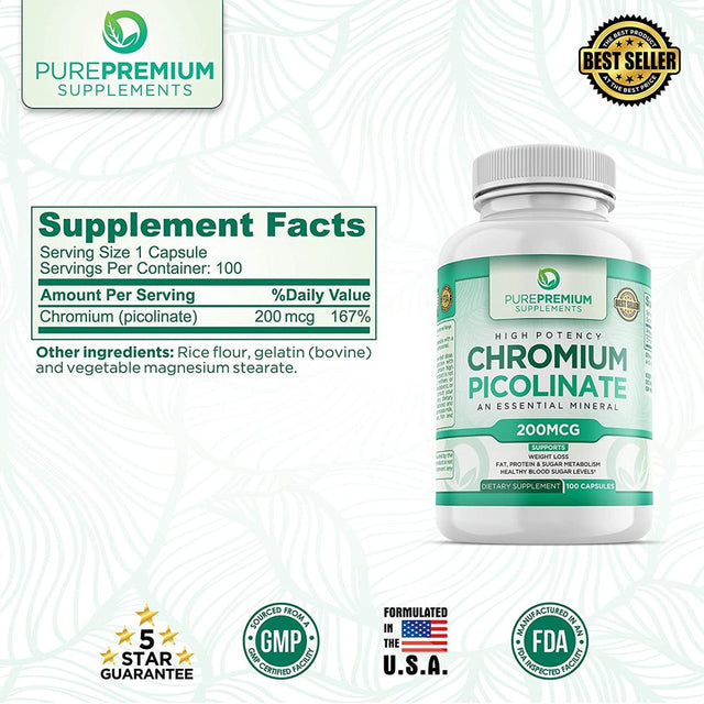 Chromium Picolinate by Purepremium Supplements - Maximum Strength Essential Mineral - Supports Weight Loss, Metabolism, and Healthy Blood Sugar Levels - 200Mcg, 100 Capsules