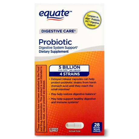 Equate Digestive Probiotic Supplement Delayed-Release Capsules, Unisex, 28 Count