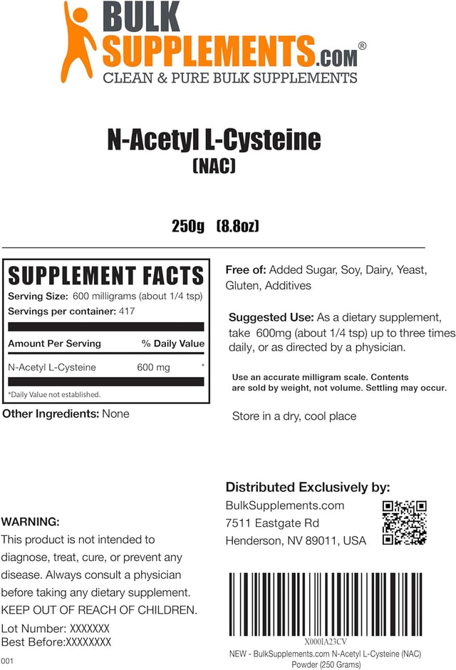 BULKSUPPLEMENTS.COM NAC Powder - N-Acetyl Cysteine 600Mg, NAC Supplement - Antioxidant Support, Gluten Free - 600Mg per Serving, 417 Servings, 250G (8.8 Oz) (Pack of 1)