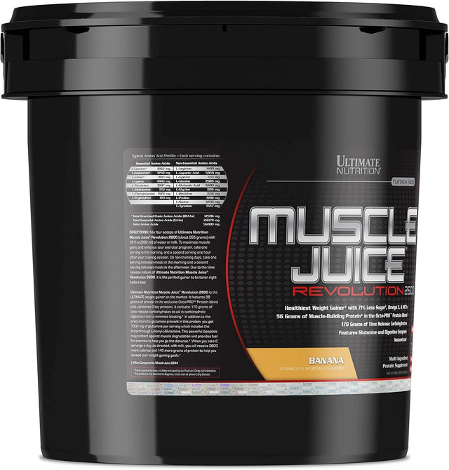 Ultimate Nutrition Muscle Juice Revolution 2600 Weight Gainer, Muscle Recovery with Glutamine, Micellar Casein and Time Release Complex Carbohydrates, Banana Protein Powder, 11.1 Pounds