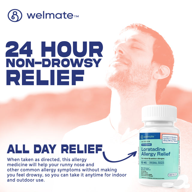 WELMATE Antihistamine Allergy Relief - Loratadine 10Mg - 24 Hour Relief - 100 Count Tablets