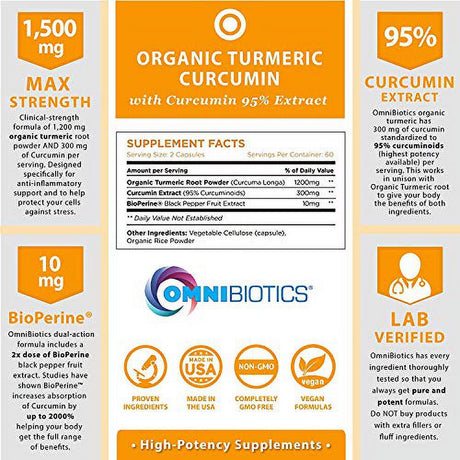 Organic Turmeric Curcumin Supplement 1500Mg with Bioperine | 95% Standardized Curcuminoid Extract & Organic Root Powder with Piperine Black Pepper Fruit (10Mg), 120 Vegetarian Capsules