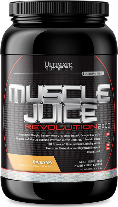 Ultimate Nutrition Muscle Juice Revolution 2600 Weight Gainer, Muscle Recovery with Glutamine, Micellar Casein and Time Release Complex Carbohydrates, Banana Protein Powder, 4.69 Pounds