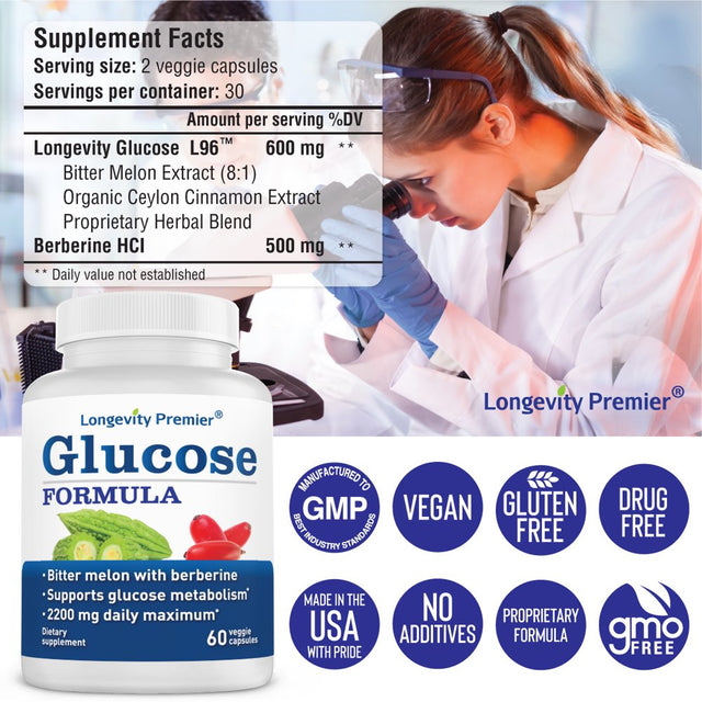 Longevity Glucose Formula - Boost Glucose Metabolism. - Natural Bitter Melon & Berberine Blend. 60 V-Caps