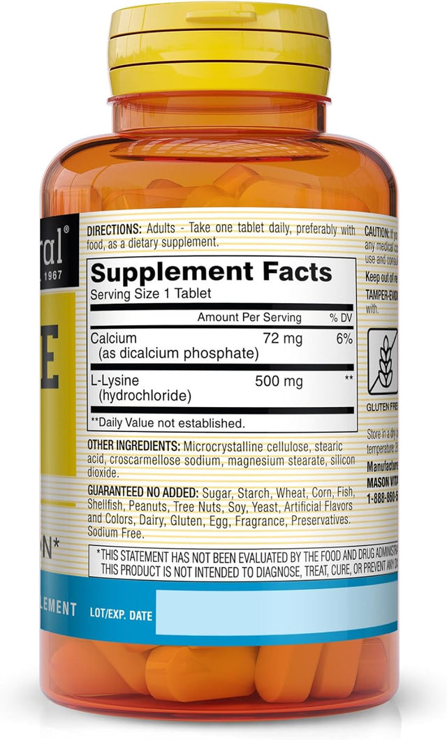 MASON NATURAL L-Lysine 500 Mg with Calcium - Improved Immune Function, Enhanced Nutrient Absorption, Essential Amino Acid, 100 Tablets