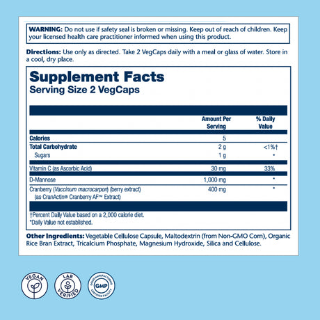 Solaray D-Mannose W/ Cranactin Cranberry Extract 1000Mg W/ Vit C , Healthy Urinary Tract Support (120 CT)