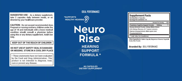 Ideal Performance - Neuro Rise Supplement for Hearing, Tinnitus Support, Including Cilia, 1Pack