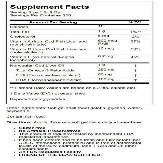 Carlson - Cod Liver Oil Gems, Super 1000 Mg, 250 Mg Omega-3S + a & D3, Norwegian, Wild Caught, 250 Softgels