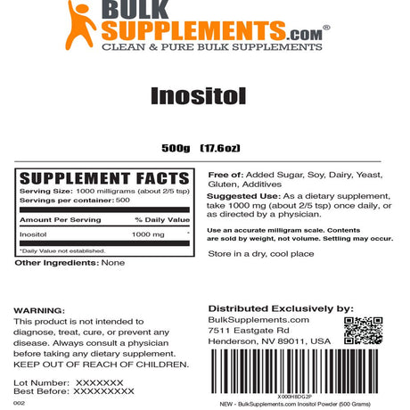 Bulksupplements.Com Inositol Powder, 1000Mg - Vitamin B8 Supplement for Brain, Heart, & Lung Support (500G - 500 Servings)