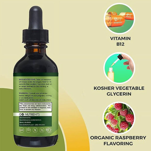 Go Nutrients Vitamin B12 Sublingual Liquid Drops Supplement with Raspberry, Vegan-Friendly - 2 Oz