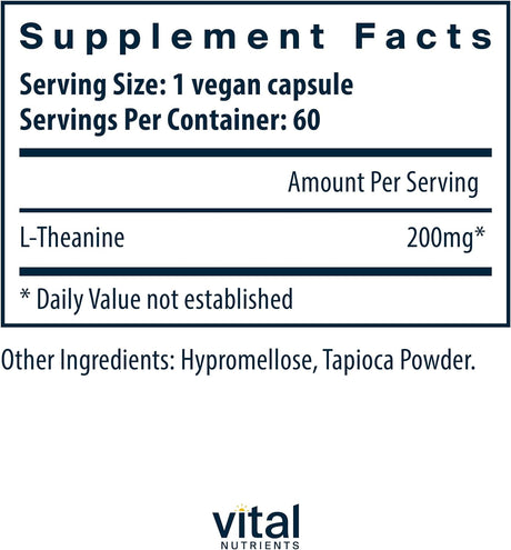 Vital Nutrients L-Theanine 200 Mg | Vegan Supplement | L Theanine Supports Normal Stress Levels and Cognitive Function* | Gluten, Dairy and Soy Free | 60 Capsules