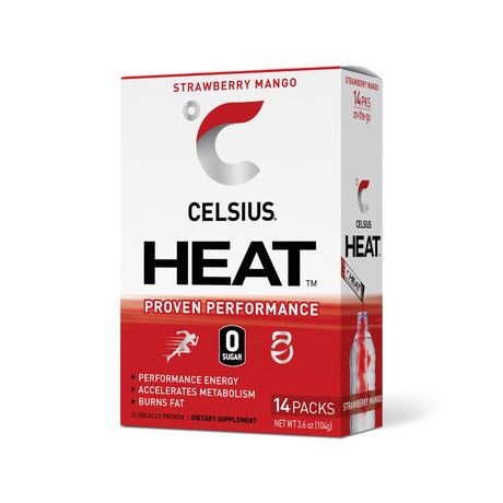 CELSIUS HEAT On-The-Go Performance Energy Powder Stick Packets, Strawberry Mango (Pack of 14)