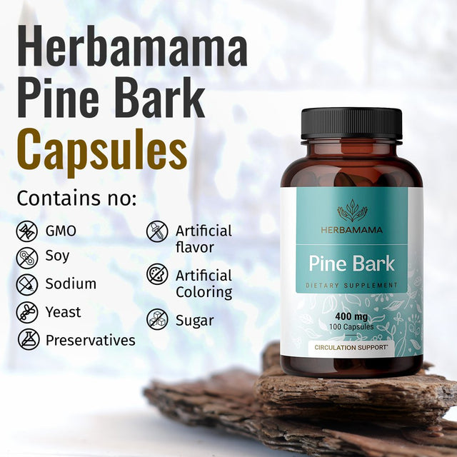 HERBAMAMA Pine Bark 100 Caps - French Maritime Pine Bark Extract for Heart Health & Blood Pressure Support