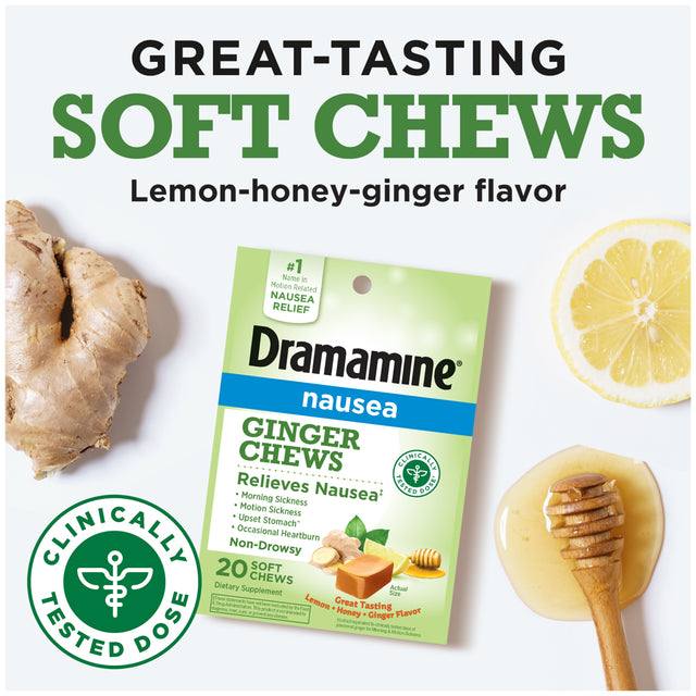 Dramamine Ginger Chews, Nausea Relief Soft Chews Lemon-Honey-Ginger, 20 Count