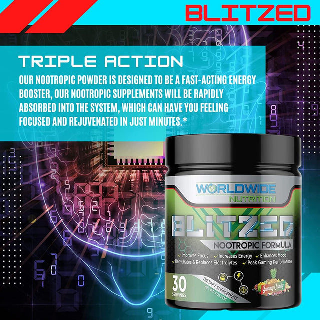 Worldwide Nutrition Blitzed Nootropic Formula - All Natural Energy Drink Mix Powder - Brain Supplements for Memory and Focus - Enhanced Focus and Energy Supplement- Gummy Candy Flavor - 30 Servings