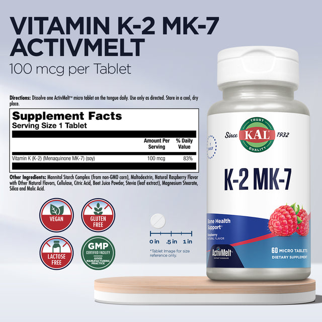 KAL Vitamin K-2 MK-7 Activmelt | Natural Raspberry Flavor | Bone & Cardiovascular Function Support | No Sugar Added | Lab Verified | 60 Micro Tablets