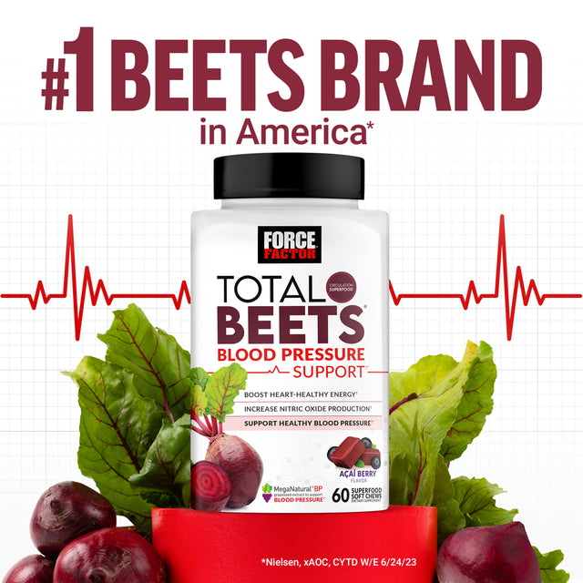 Total Beets Blood Pressure Support Supplement, Beets Supplements with Beet Powder, Great-Tasting Beets Chewables for Heart-Healthy Energy, and Increased Nitric Oxide, Force Factor, 60 Soft Chews